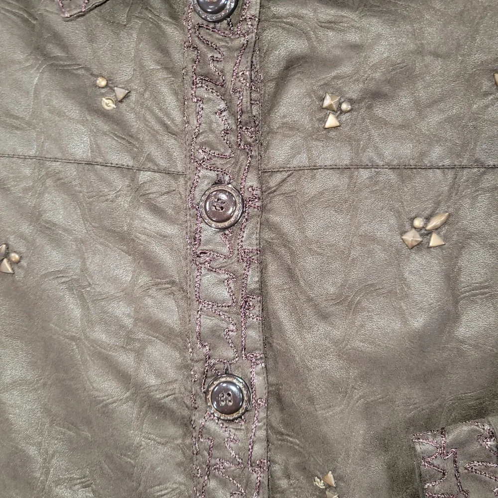 Anage Brown Studded Faux Suede Embroidered Jacket XS Floral Lining Boho Western